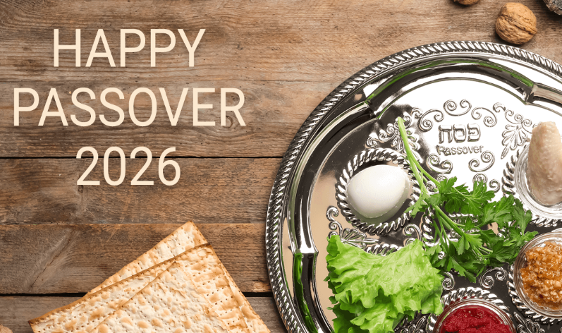 Plate of food with caption "Happy Passover 2026"